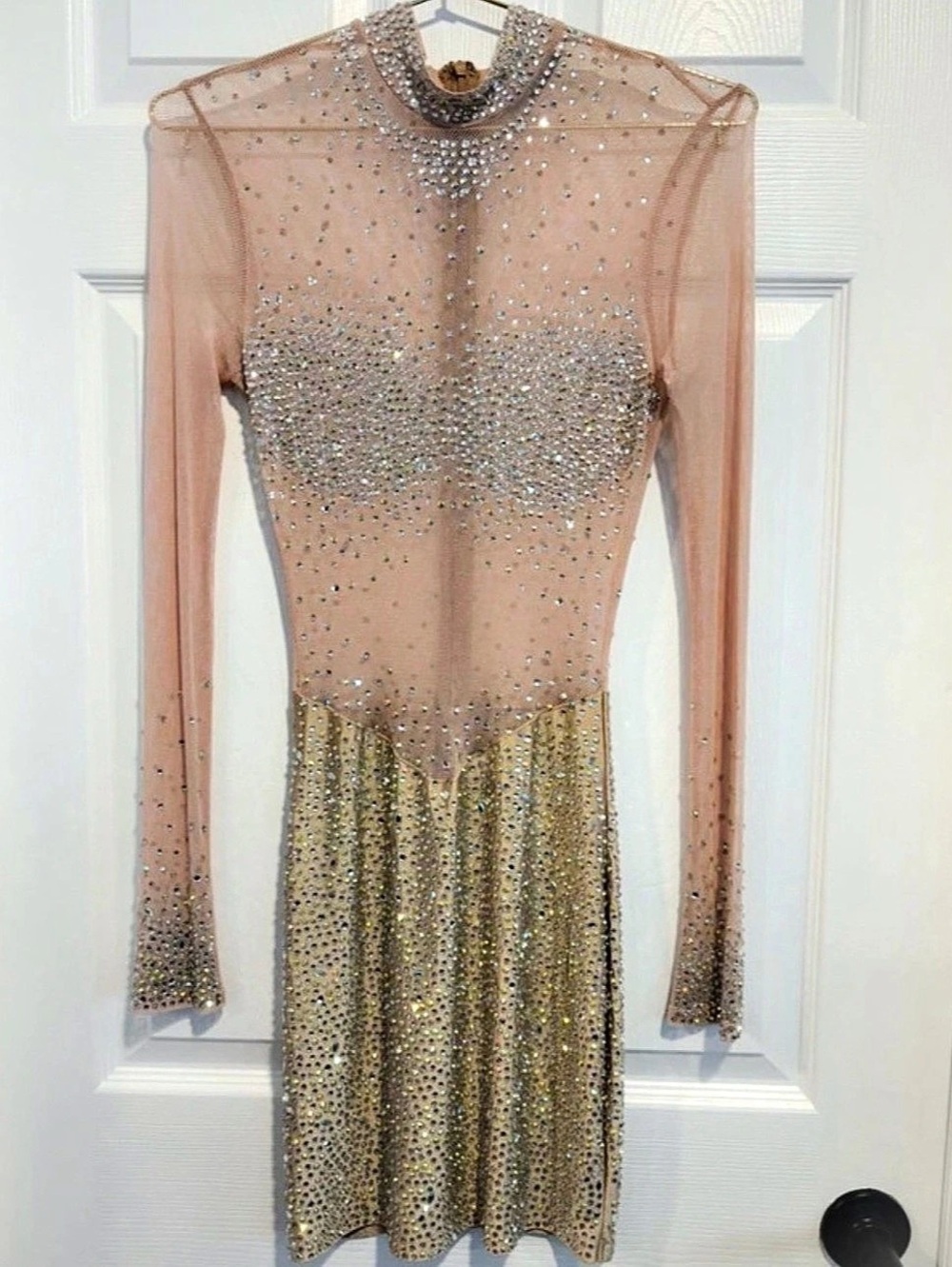 Nude color Embellished Mini Dress in Silver & Gold
